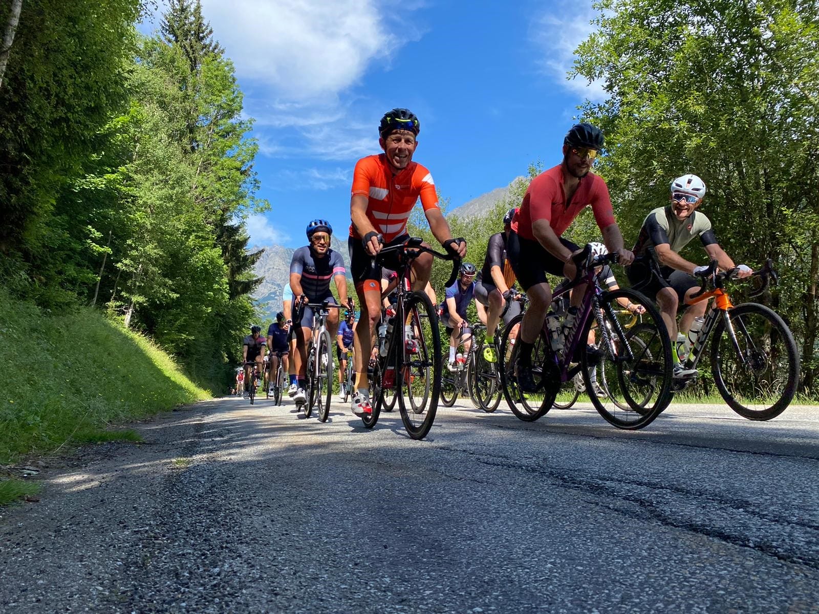 Riders smiling for the camera during the Vuelta a Espana trip