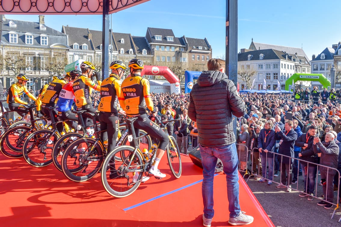 Riders assemble in front of the Amstel Gold hospitality