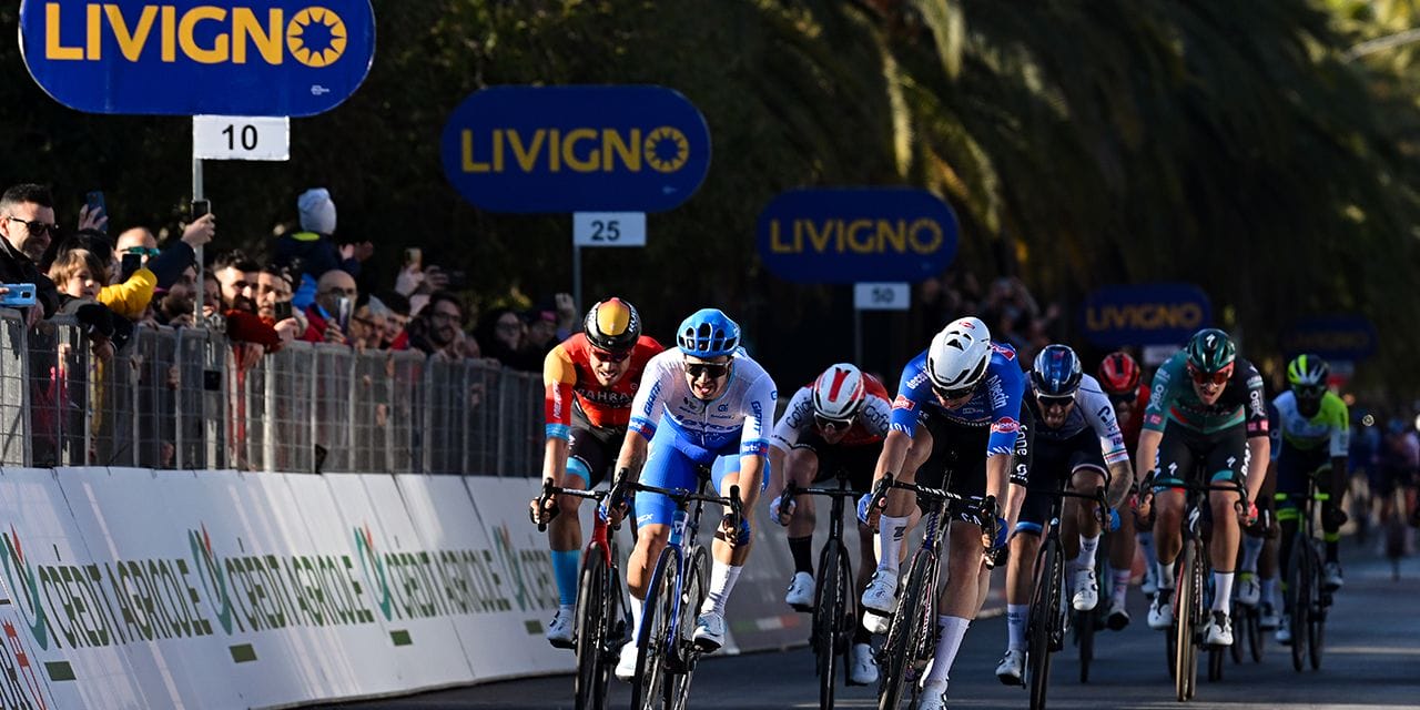 Riders engage in a sprint finish during the Tirreno Adriatico 2025