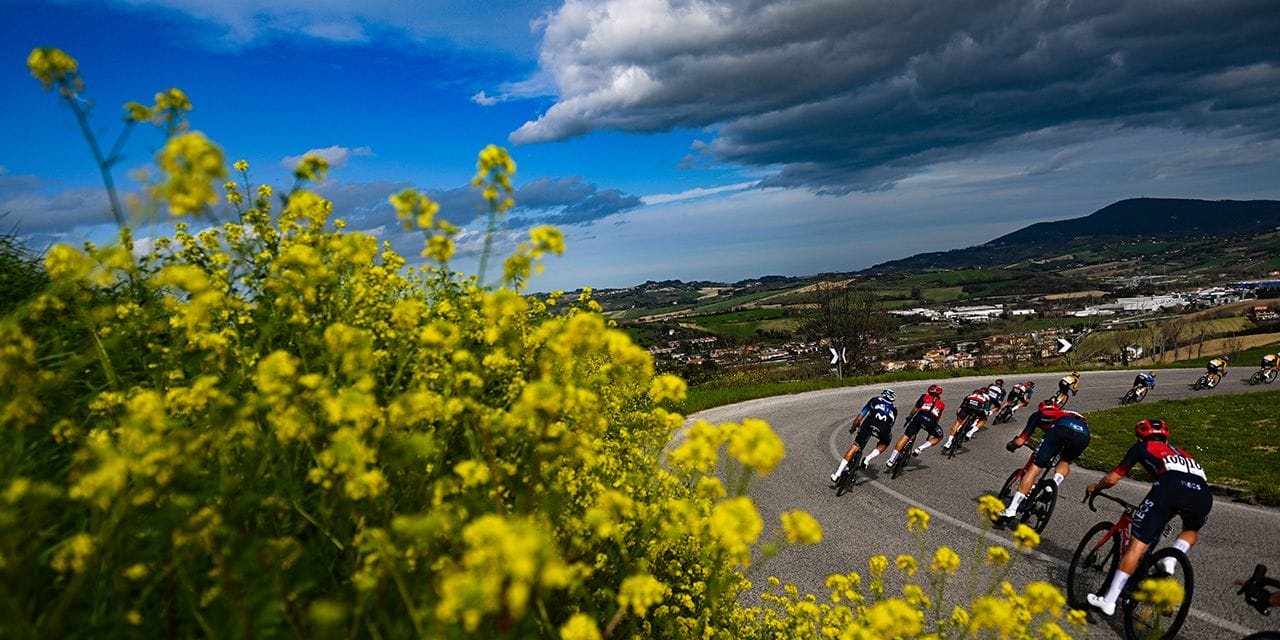 Riders passing through the Italian countryside during Tirreno-Adriatico 2025