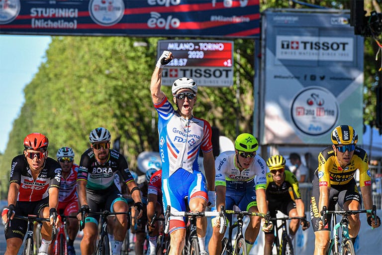A rider celebrates having won Milano Torino
