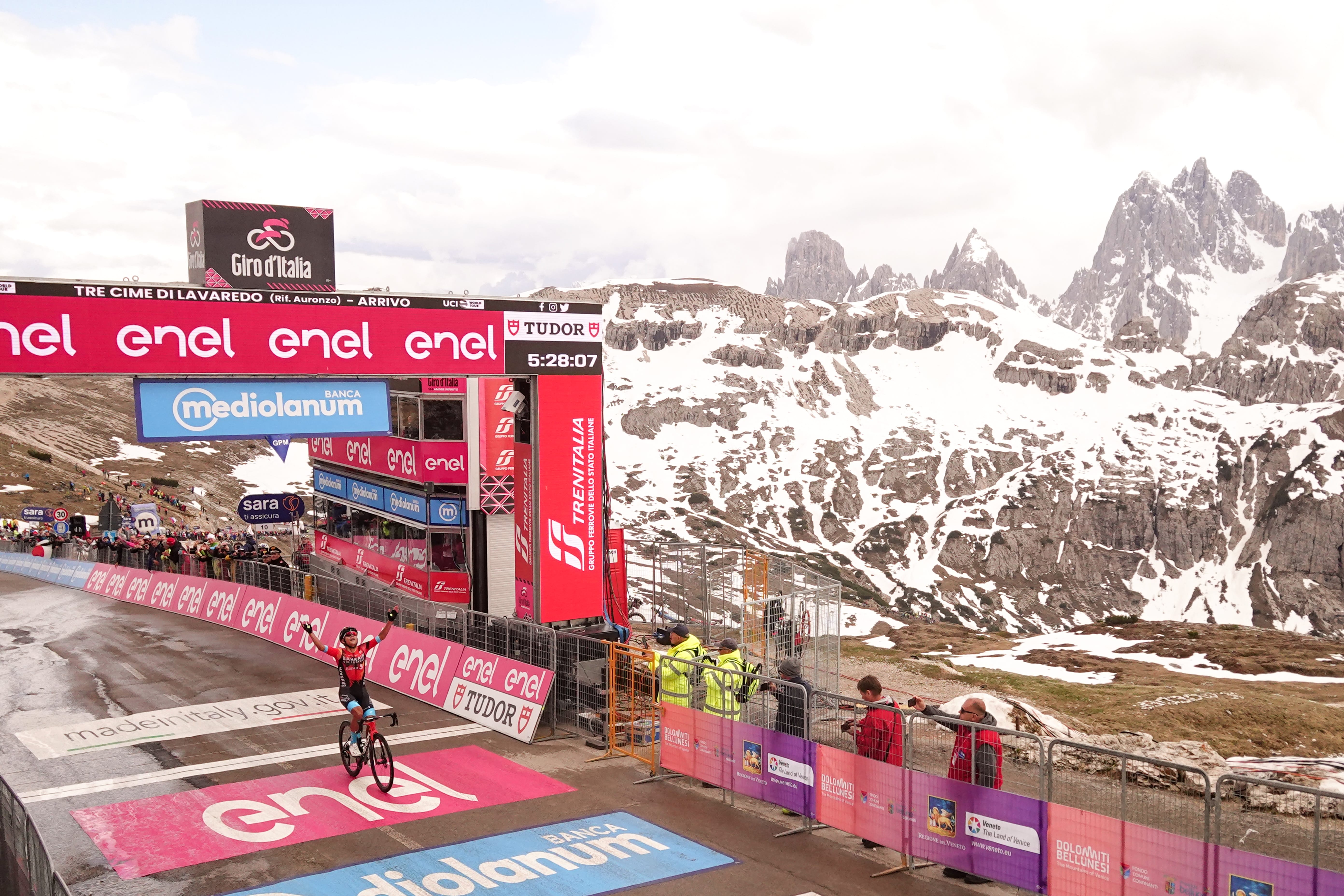 A cyclist crosses the finish line at the Giro d'Italia