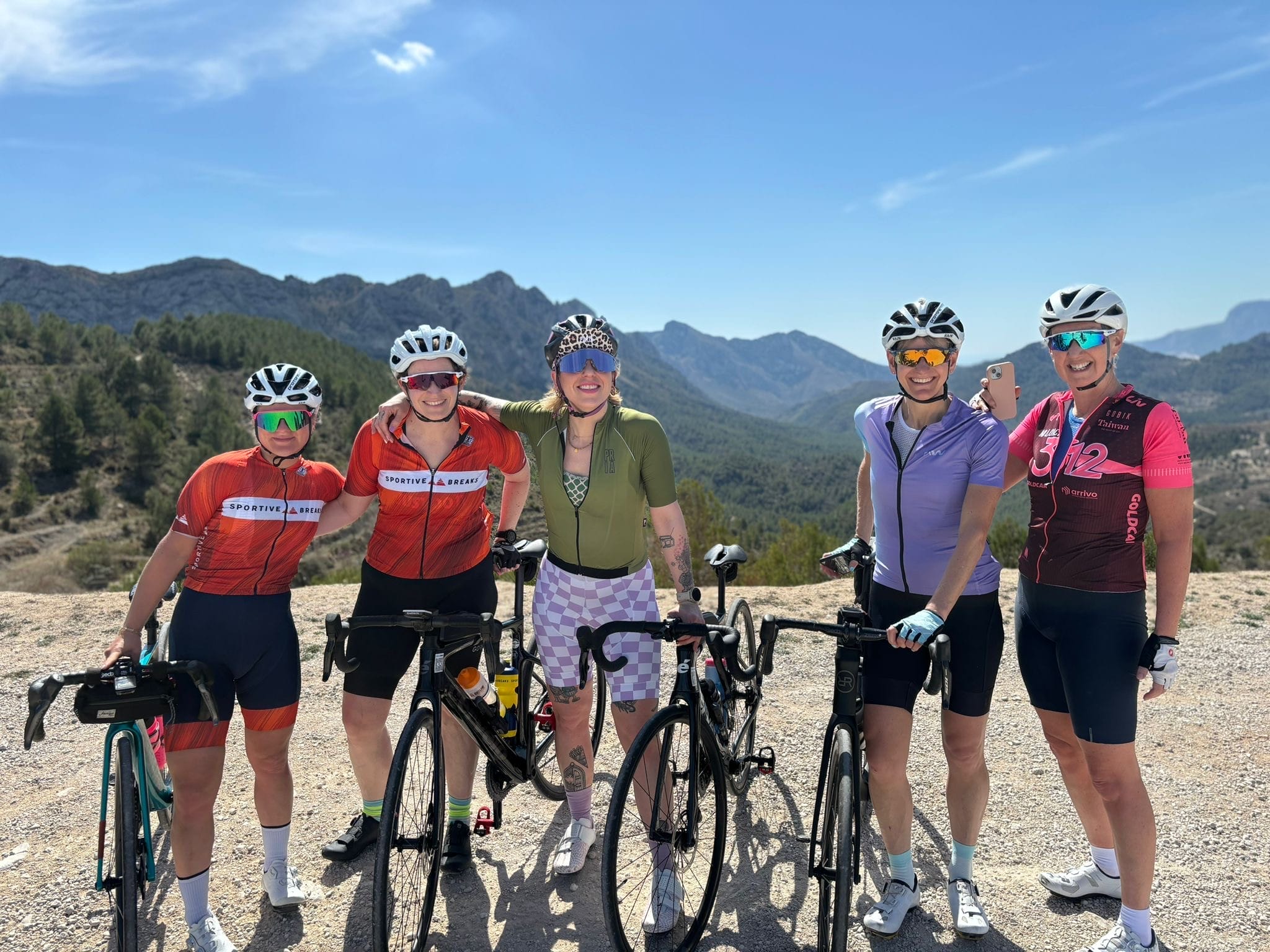 Five Women cyclists enjoying the view at the top of a col.