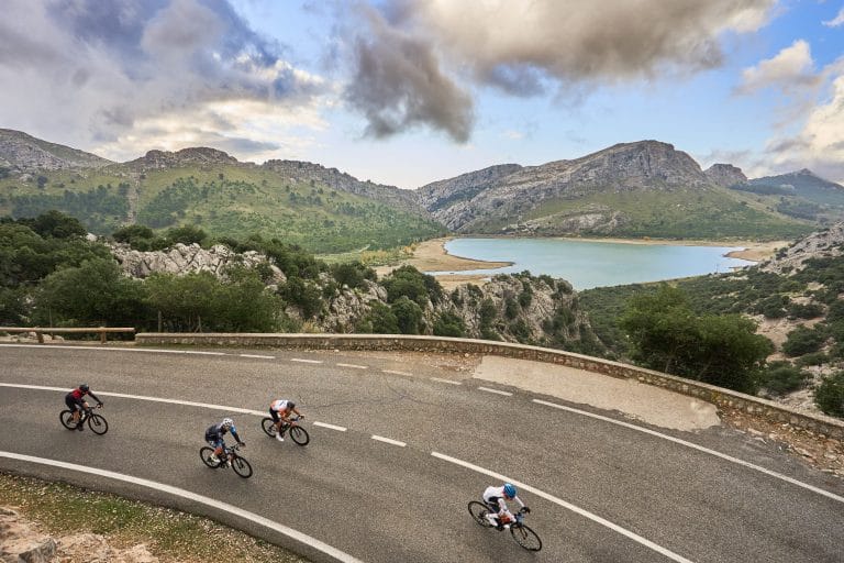 Cyclists negotiating a bend during a Mallorca self-guided cycling holiday