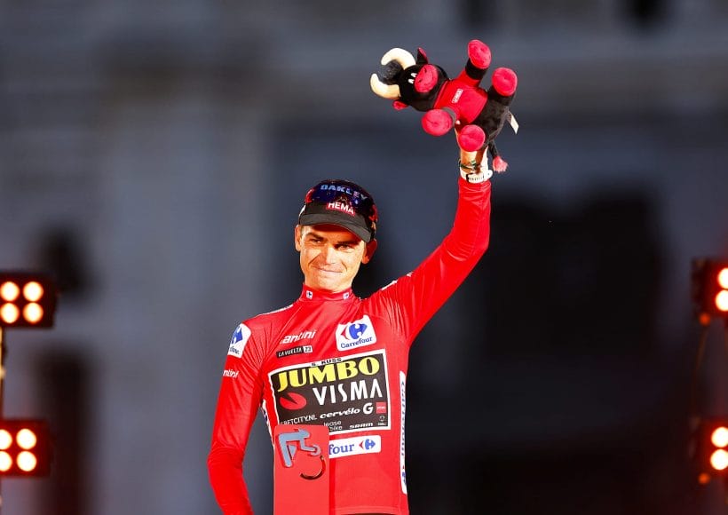 Sepp Kuss celebrates his victory at the 2023 Vuelta a Espana. Enjoy scenes like these during the Vuelta a Espana 2024 with Team Visma Lease a Bike
