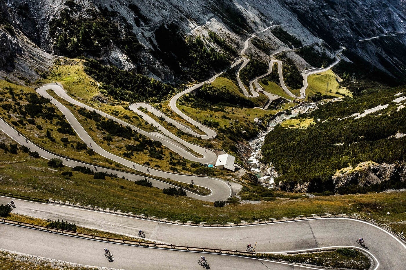 Riders tackling hairpins at the Stelvio