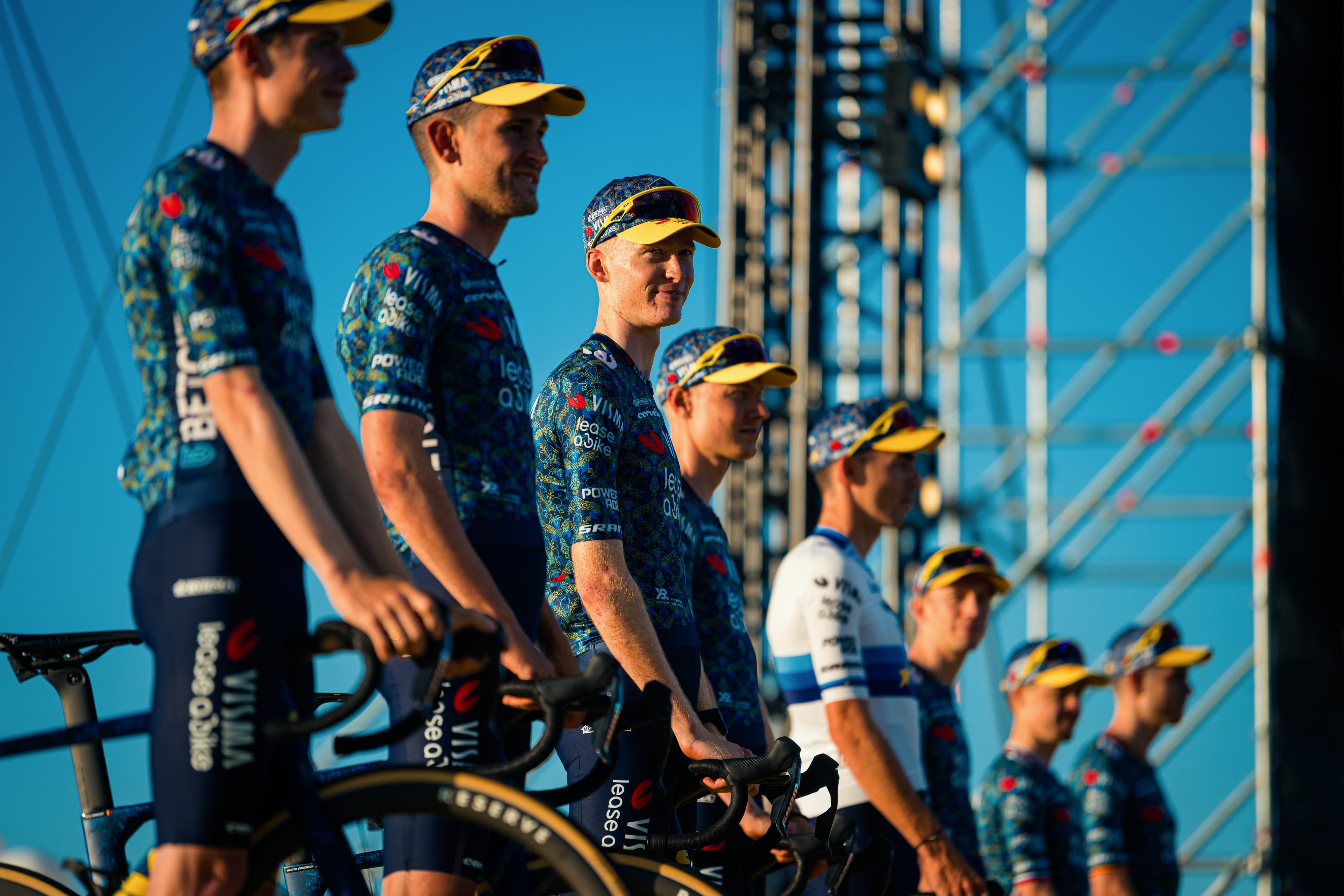 The Team Visma | Lease A Bike riders pose at the opening ceremony of the Tour de France Grand Depart