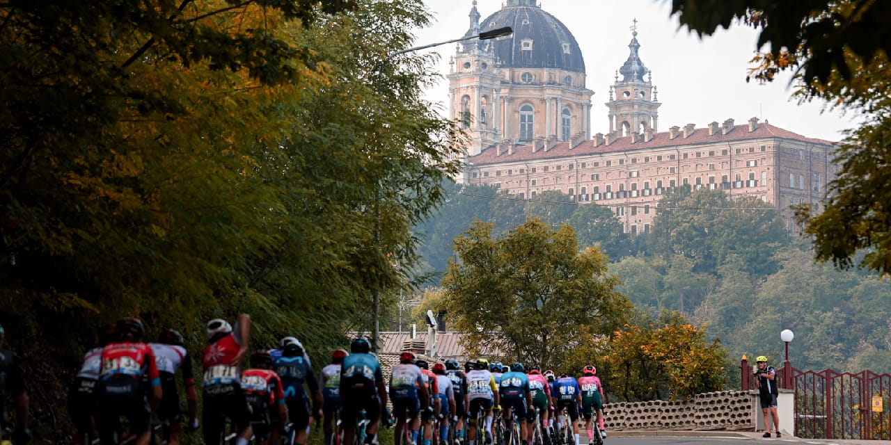 Riders in formation taking place in the Gran Piemonte cycling race