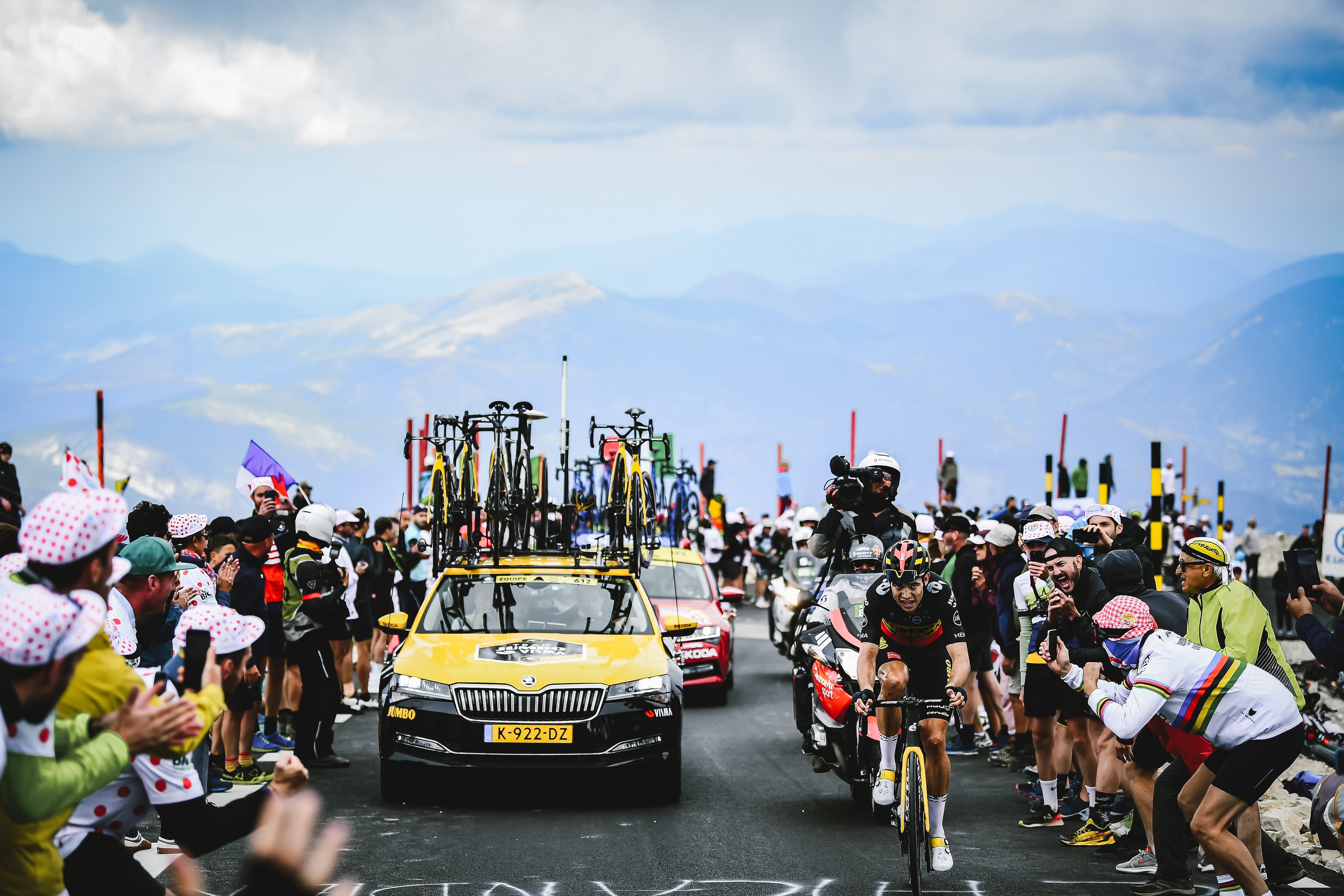 Pro riders reach the summit of the Mont Ventoux Tour de France tour stage