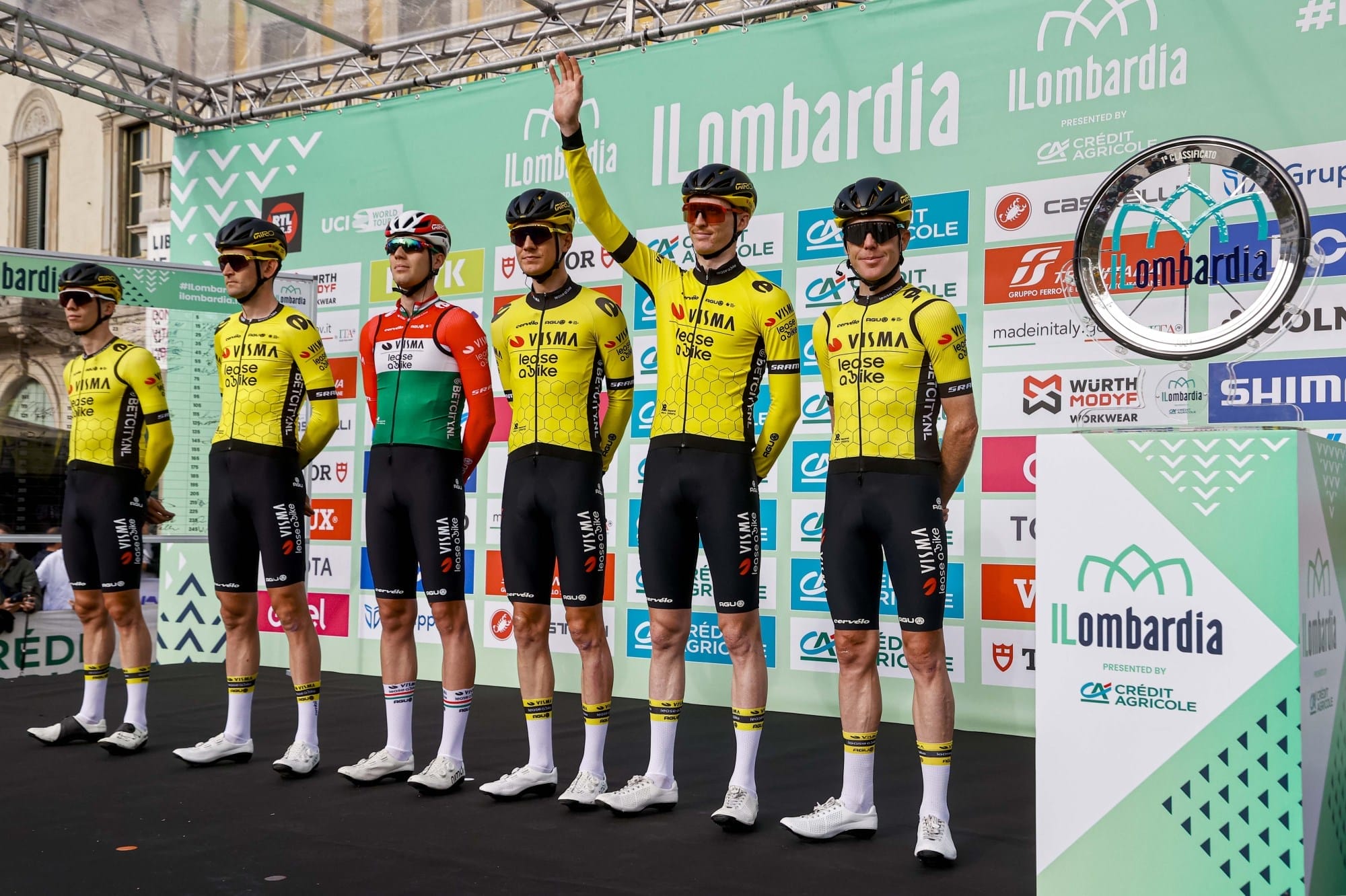 Riders pose having taken part in the Il Lombardia, one of the many