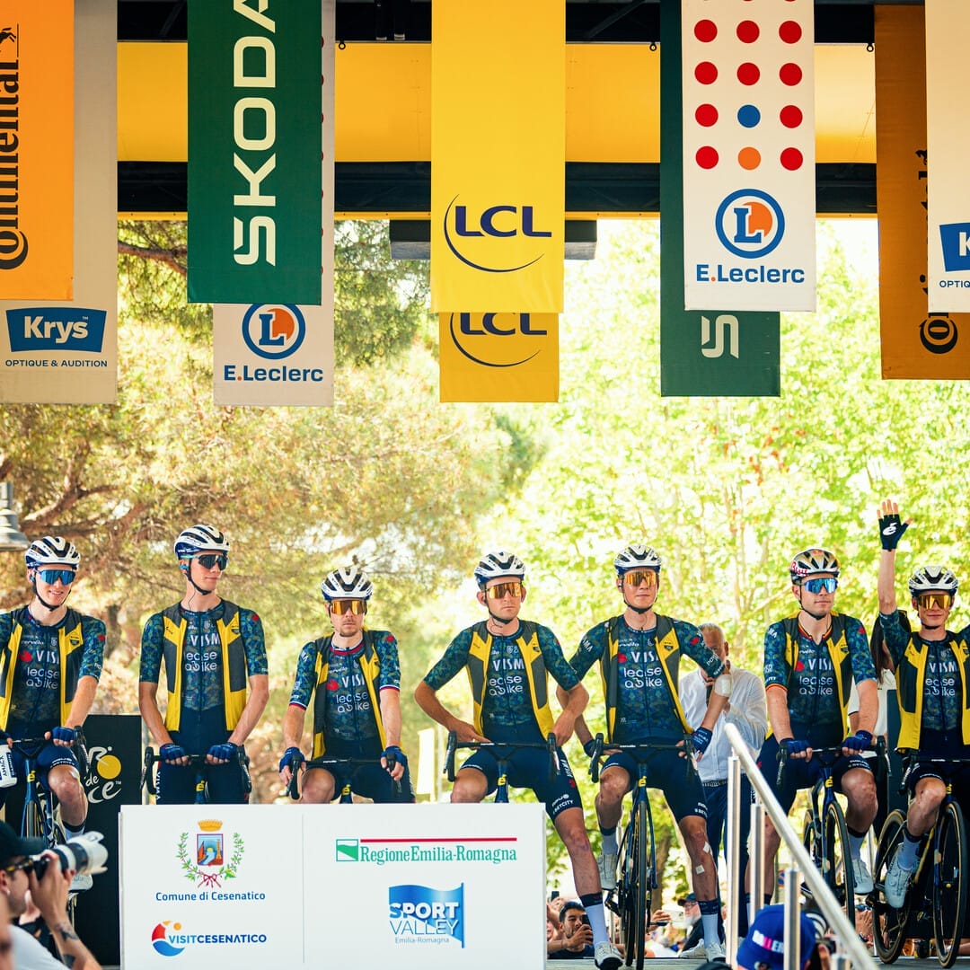 Riders wait at the start line of the Grand Depart 2025