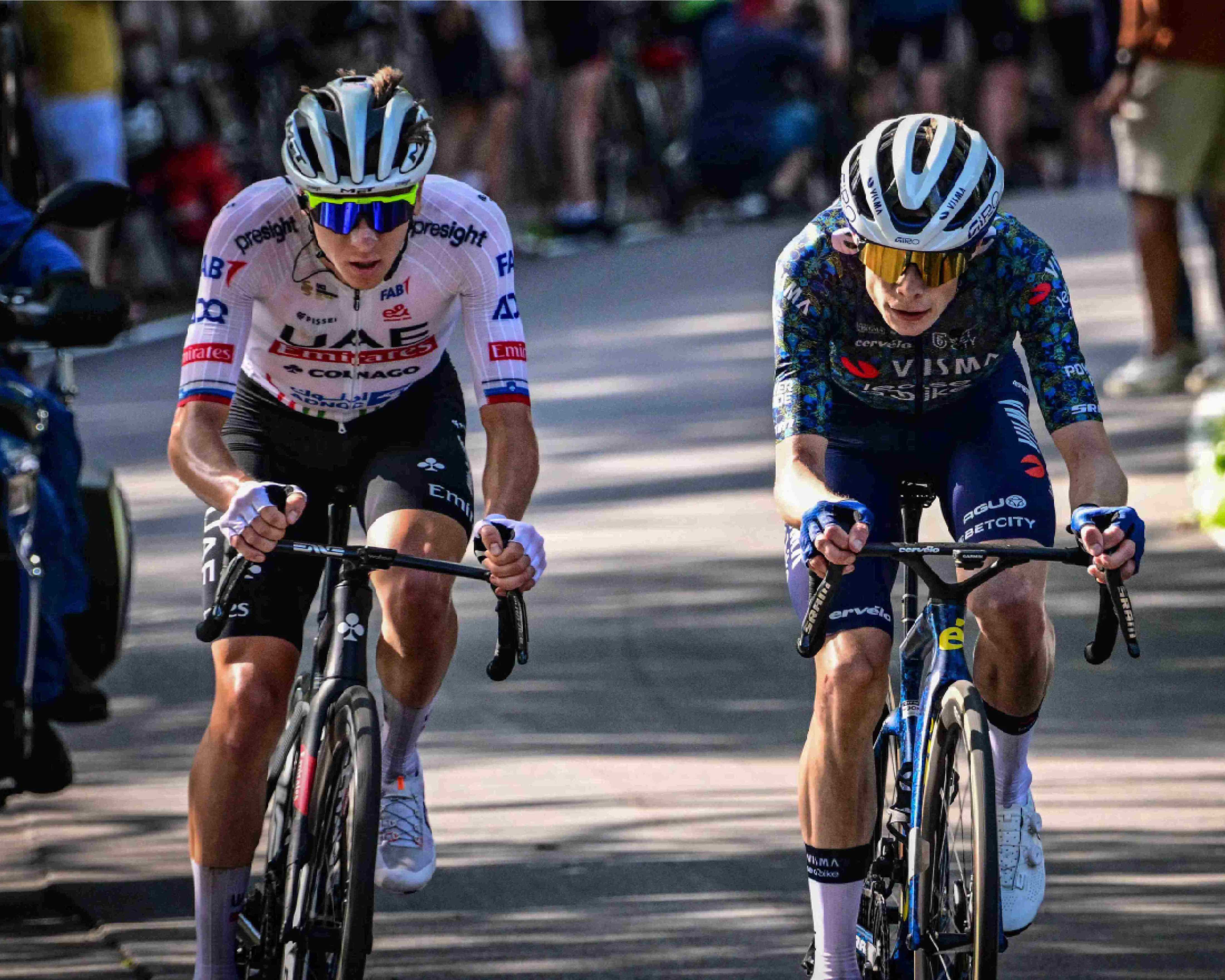 Two riders battle it out during the Mont Ventoux Tour de France stage