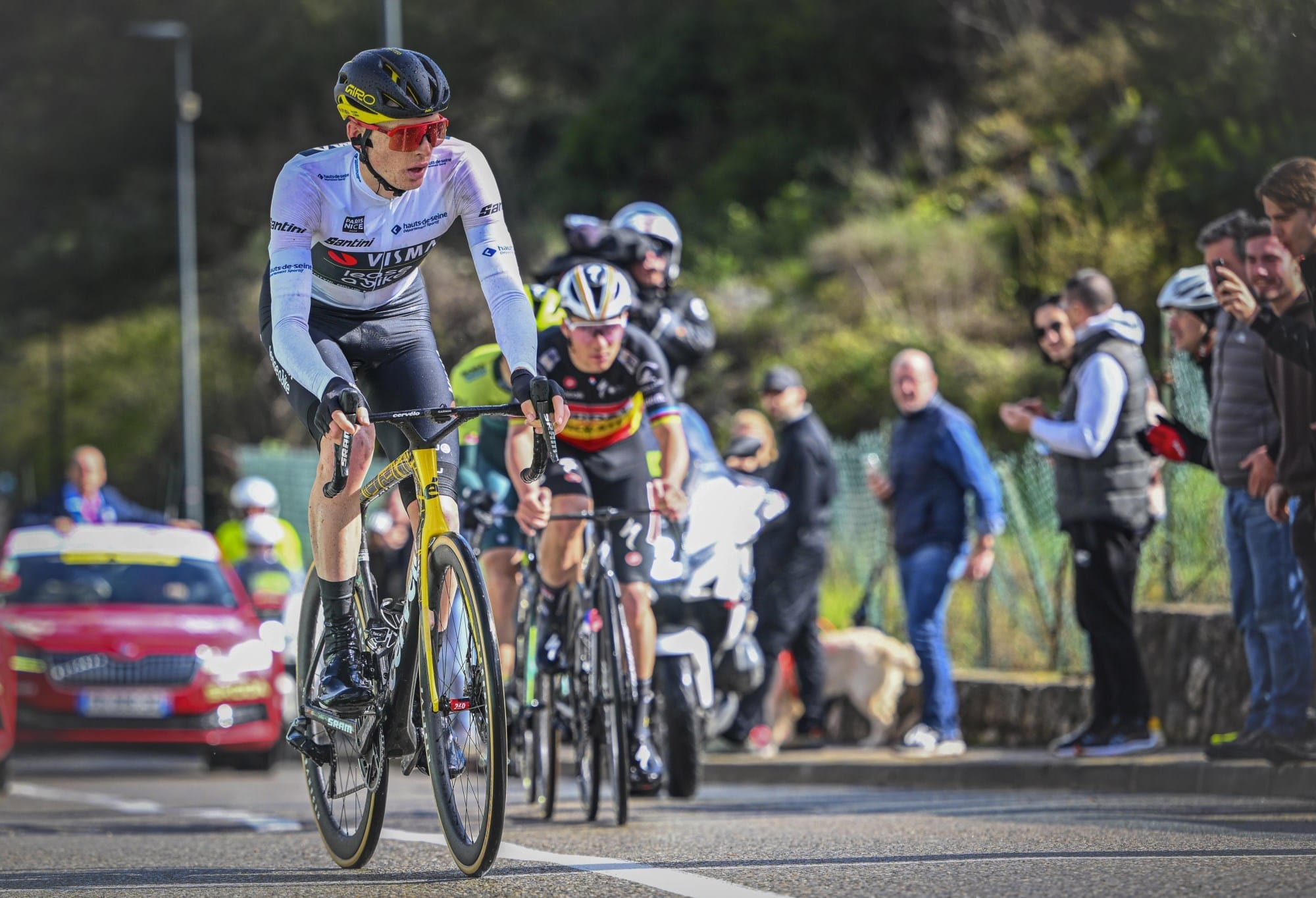 A Team Visma | Lease a Bike rider shifting through the gears during the Paris Nice cycling race