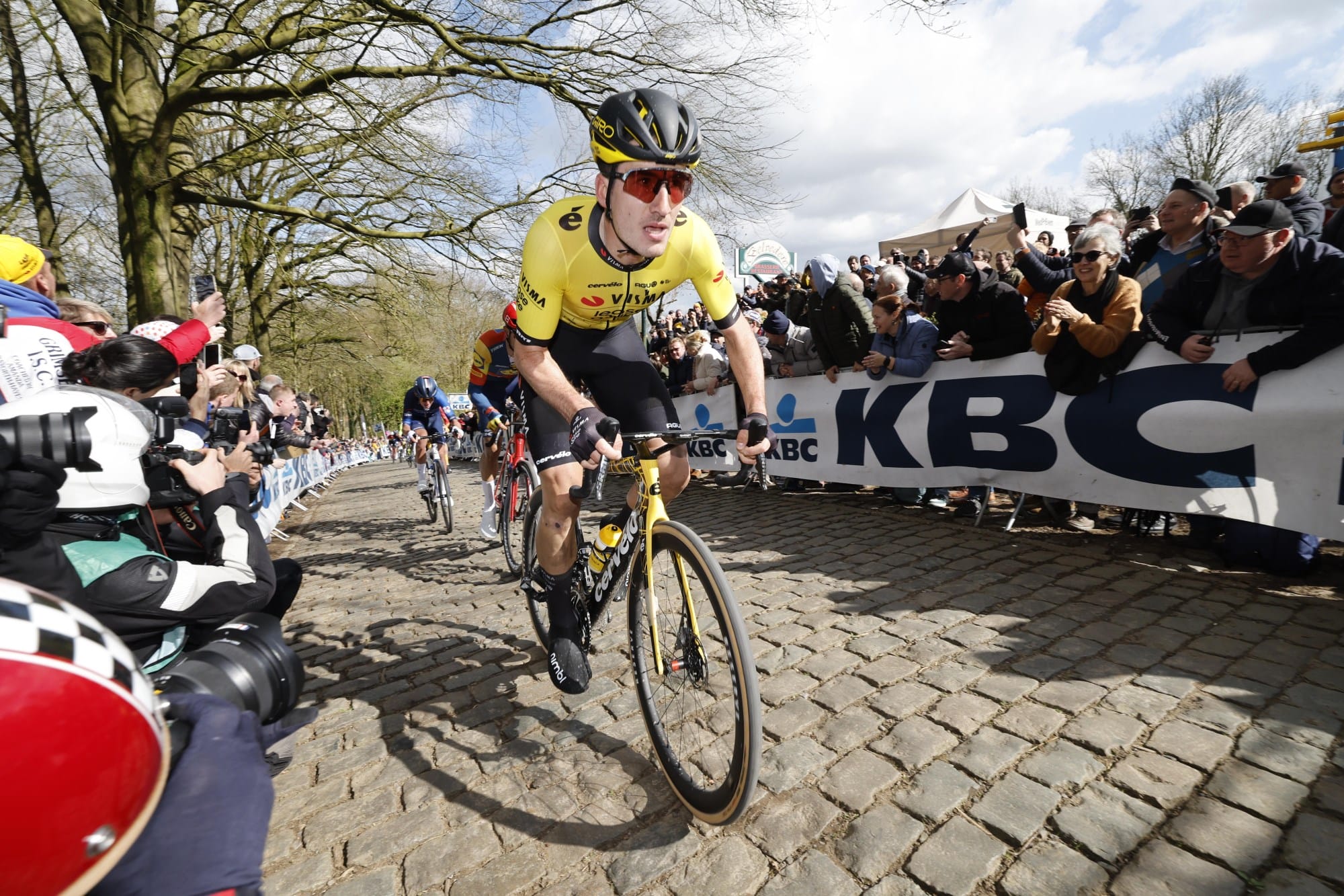 A Team Visma | Lease a Bike rider powers towards the finish of the Spring Classic; Gent Wevelgem