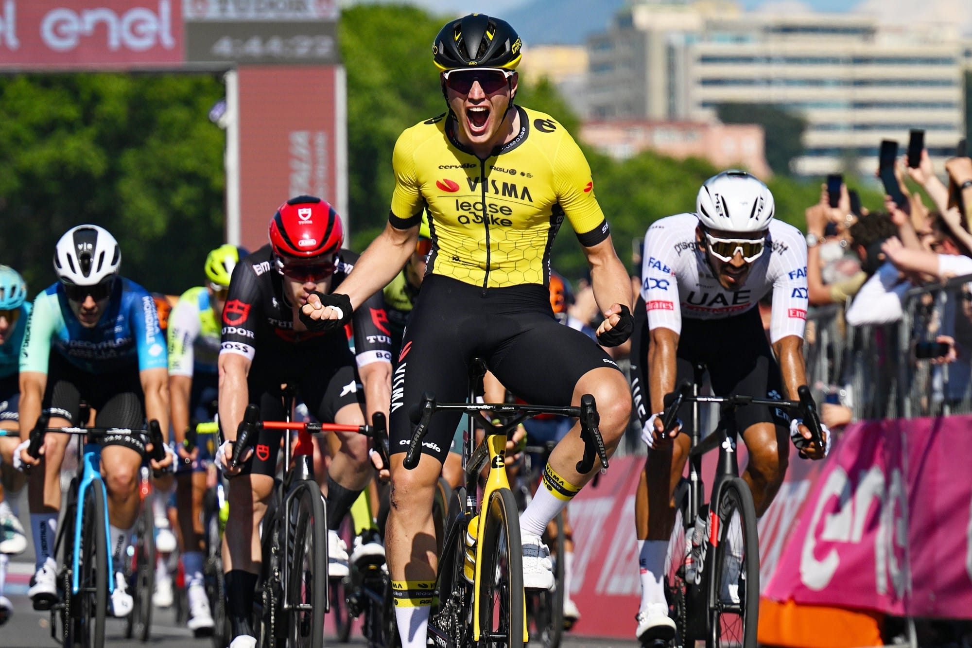 A Team Visma | Lease a Bike rider celebrates winning a stage on the Vuelta a Espana trip