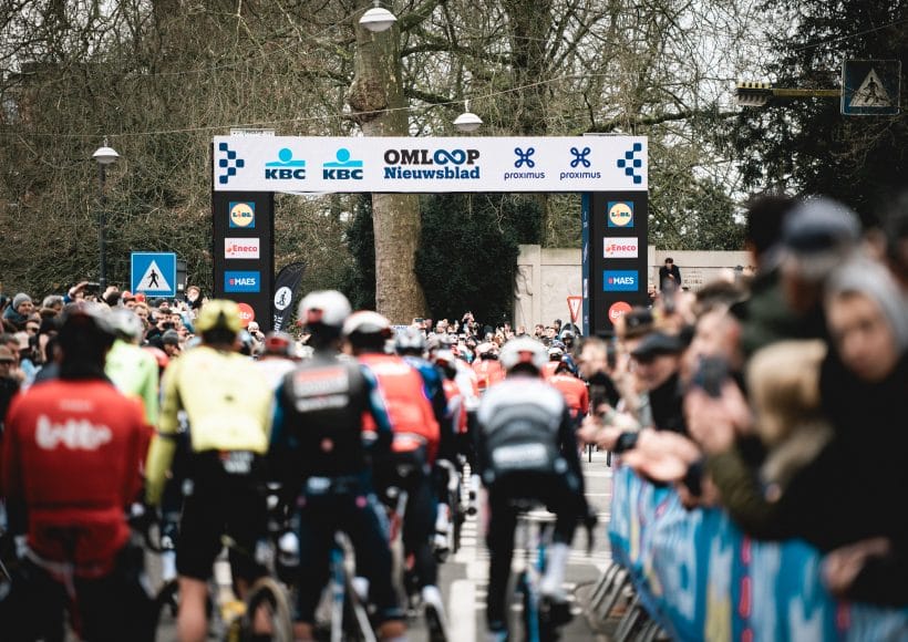 Riders get set to start their race at Omloop Het Nieuwsblad